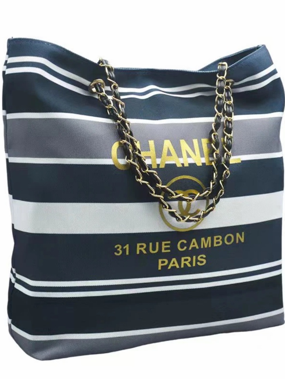 Luxury Tote Navy, White & Gray Striped Chain-Handle Tote NWT - Picture 2 of 12